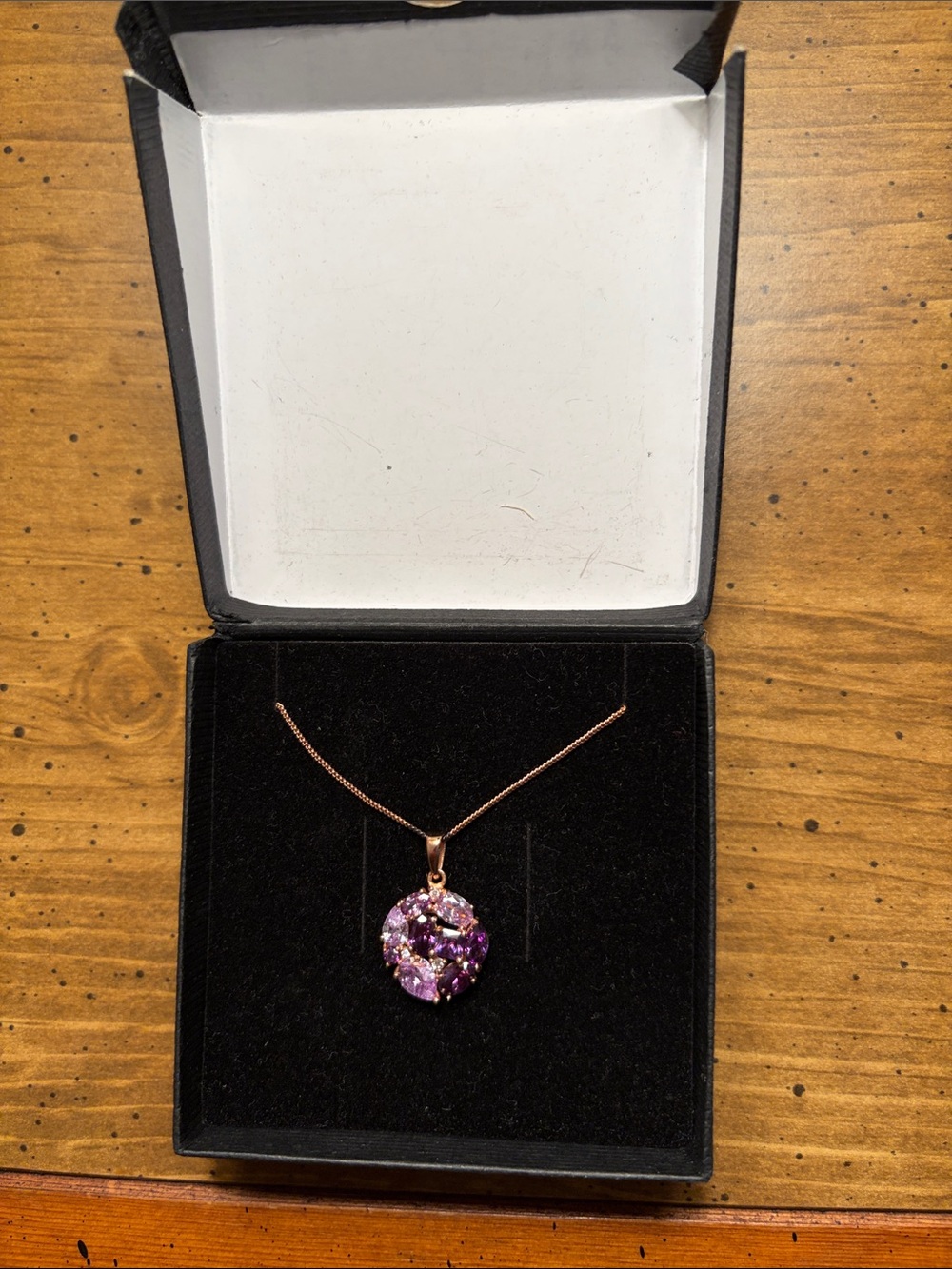 Rose Gold Necklace with Purple Crystal Cluster Pendant